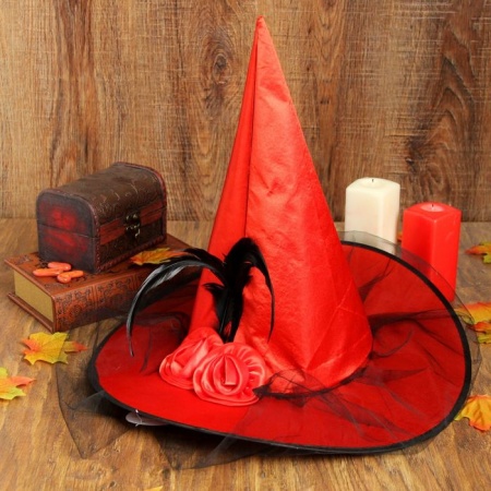 Шляпа Ведьмочка с фатой красный - интернет-магазин карнавальных костюмов ВМАСКАХ.РФ