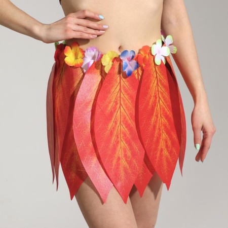 Гавайская юбка «Листики красные и цветочки» 36 см - интернет-магазин карнавальных костюмов ВМАСКАХ.РФ