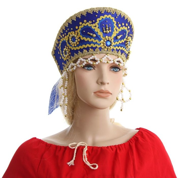 Кокошник Виктория синий с золотом - интернет-магазин карнавальных костюмов ВМАСКАХ.РФ