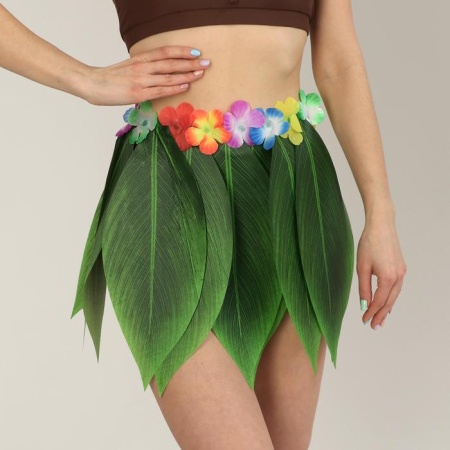 Гавайская юбка Листики зеленые и цветочки 36 см - интернет-магазин карнавальных костюмов ВМАСКАХ.РФ