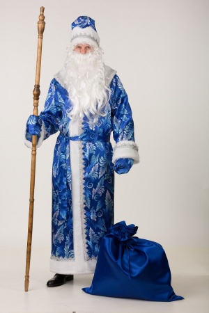 Карнавальный костюм Дед Мороз сатин принт синий взр. - интернет-магазин карнавальных костюмов ВМАСКАХ.РФ