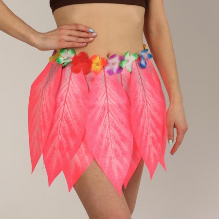 Гавайская юбка «Листики и цветочки» 36 см, цвет розовый - интернет-магазин карнавальных костюмов ВМАСКАХ.РФ