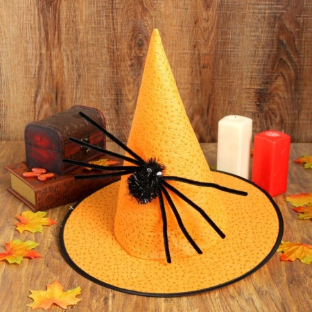 Карнавальная шляпа «Конус», с пауком, цвет оранжевый - интернет-магазин карнавальных костюмов ВМАСКАХ.РФ