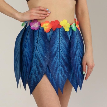 Гавайская юбка «Листики и цветочки» 36 см, цвет синий - интернет-магазин карнавальных костюмов ВМАСКАХ.РФ