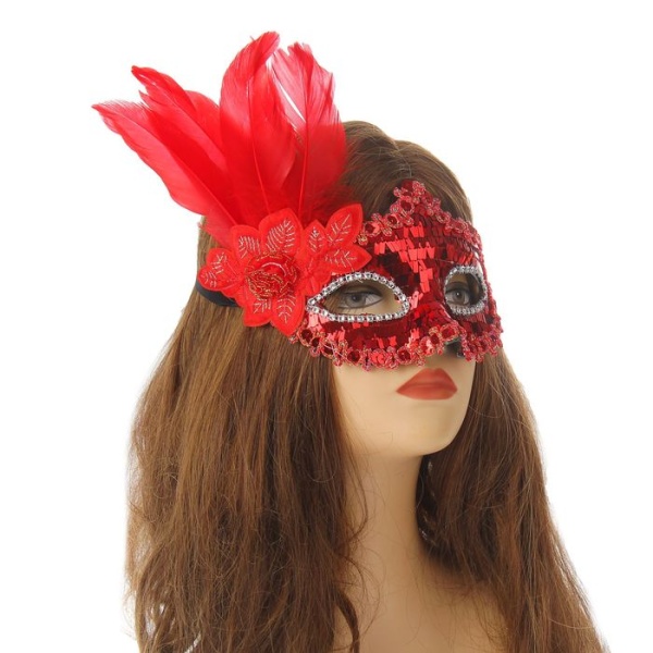 Карнавальная маска «Леди», с пером, цвет красный - интернет-магазин карнавальных костюмов ВМАСКАХ.РФ