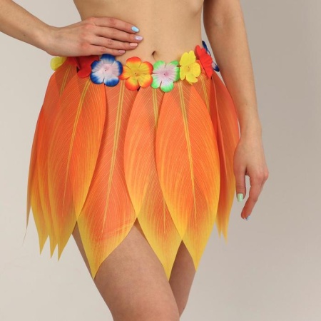 Гавайская юбка «Листики и цветочки» 36 см, цвет оранжевый - интернет-магазин карнавальных костюмов ВМАСКАХ.РФ